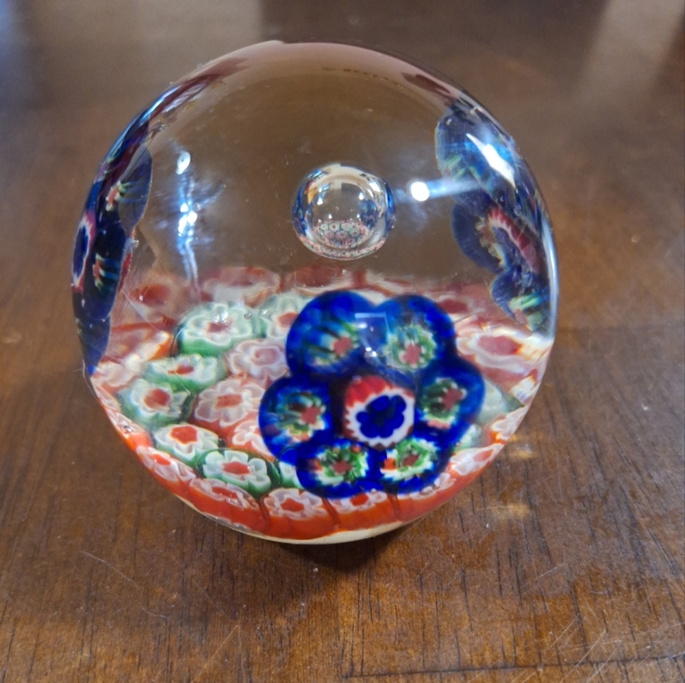 VTG Collectible LargeFloral Art Glass Millefiori Paperweight Multicolor 3.5